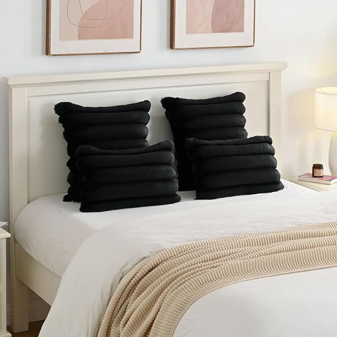FUTEI Black Decorative Throw Pillow Covers 12x20 Inch Set of 2, Square Soft Faux Rabbit Fur Big Striped Cushion Cover,Home Decor for Couch Sofa Bed Living Room