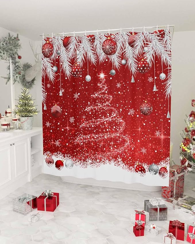 Christmas Tree Shower Curtain, Christmas Balls Shower Curtains Set with Hooks, Snowflake Silver Pine Tree Branch Red Waterproof Bathroom Curtains Holiday Decor Home Accessories,72 x 78 Inch Long