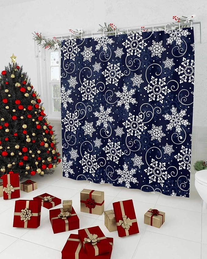 Vandarllin Christmas Shower Curtain, White Navy Snowflakes Pattern Shower Curtains Set with Hooks, Winter Waterproof Fabric Bathroom Curtains Decor Home Accessories,72 X 72 Inch Long