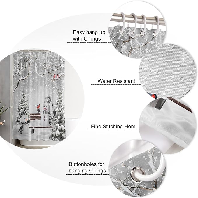 Vandarllin Winter Christmas Shower Curtain, Cute Snowman Cardinals Shower Curtains Set with Hooks, GreySnowy Pine Forest Waterproof Fabric Bathroom Curtains Decor Home Accessories,Stall 48 X 72 Inch
