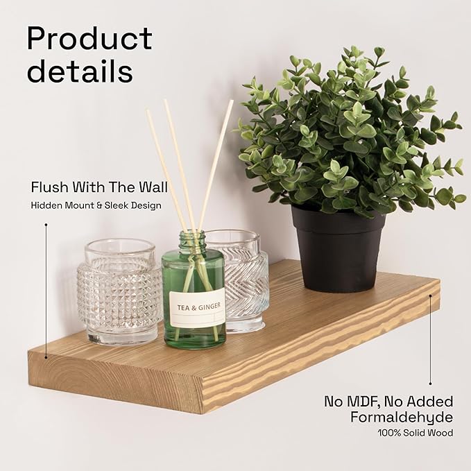 BAOBAB WORKSHOP Natural Wood Floating Shelves for Wall 16 inch - Floating Wall Shelves for Kitchen Bedroom - Wooden Bathroom Shelves - Floating Shelf - Oak Finish, 16" W x 6.7" D x 1.2”H