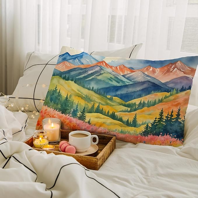 JINYO Watercolor Mountain Nature Landscape Pillow Covers 12x20, Colorful Maximalist Wildflower Meadow Forest Scenery Lumbar Throw Pillow Covers for Couch Bed Living Room Bedroom, Nature Lover Gifts