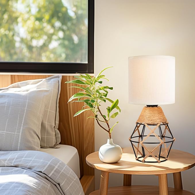 Hamilyeah Table Lamps Set of 2 with On/Off Switch, Farmhouse Woven Bedside Lamps for Night Stands with Beige Linen Fabric Shade for Bedroom, Living Room