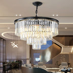 Black Modern Crystal Chandelier, 4-Tier Round Flush Mount Ceiling Light Fixtures Height Adjustable Pendant Lighting for Dining Room Living Room Bedroom Kitchen Hotel Foyer