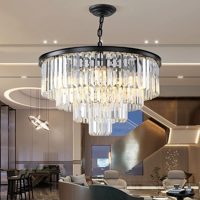 Black Modern Crystal Chandelier, 4-Tier Round Flush Mount Ceiling Light Fixtures Height Adjustable Pendant Lighting for Dining Room Living Room Bedroom Kitchen Hotel Foyer