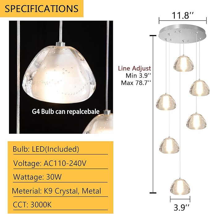 6-Lights Pendant Lighting for Entrance Modern Crystal Chandeliers LED Crystal Hanging Lights for Dining Room Bedroom Foyer Staircase Living Room 3000K