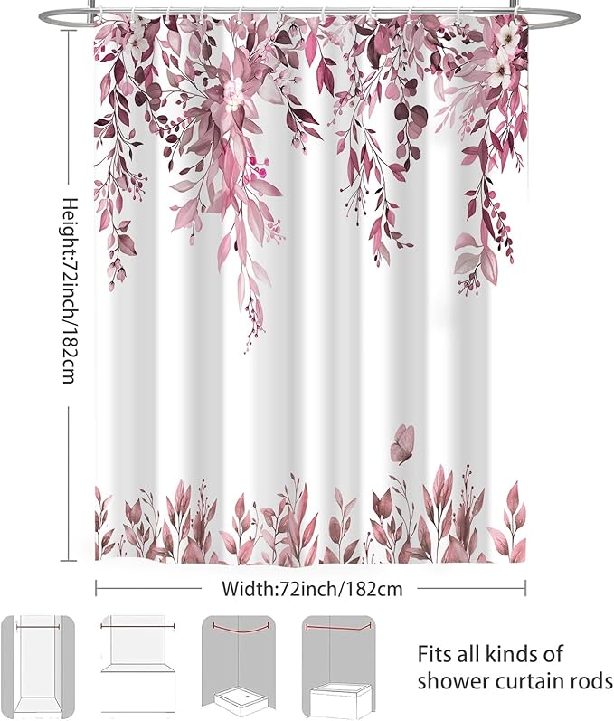 Eucalyptus Shower Curtain, Dark Red Watercolor Leaves with Floral Botanical Bathroom Decor, Waterproof Fabric Bath Curtain Set with Hooks, 72x72 Inches