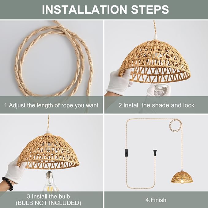 Plug in Farmhouse Wicker Pendant Light, 1-Light Boho Rattan Chandelier Light Fixture, Ceiling Hanging with Woven Lampshade, for Kitchen Bedroom Island Hallway, ETL Listed