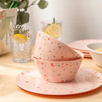 Bzyoo 12-Piece Melamine Dinnerware Set - Confetti Pink Plates and Bowl Lightweight BPA-Free Dishwasher Safe Dish Set for Indoor & Outdoor Use - Perfect for Camping, BBQs, Kids Parties