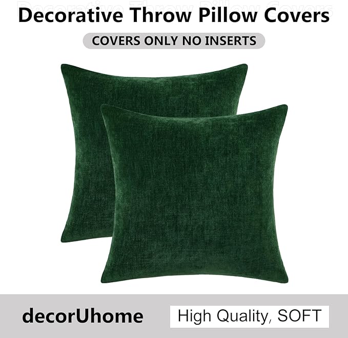 decorUhome Chenille Christmas Green Throw Pillow Covers 26x26 Inch Set of 2, Decorative Soft Couch Pillow Covers Solid Dyed Accent Velvet Farmhouse Neutral Square Pillow Cases for Sofa Bed Living Room