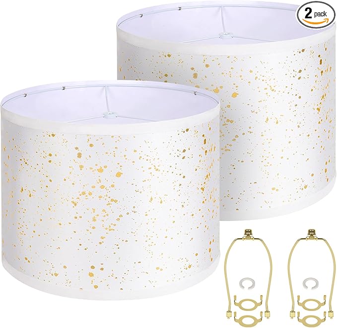 White Lamp Shades Set of 2, Drum Lampshades 13" Top x 13" Bottom x 10" High (Spider), Modern Linen Lamp Shades for Table Floor Lamp, Lampshades Replacement with 8in Lamp Harps