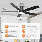YUHAO 52 Inch Flush Mount Black Ceiling Fan with Light and Remote Control.Noiseless,Dimmable,3CCT,6 Speeds Reversible, Low Profile DC Ceiling Fans for Indoor Use