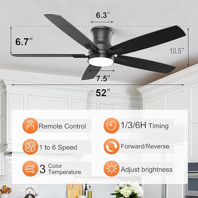 YUHAO 52 Inch Flush Mount Black Ceiling Fan with Light and Remote Control.Noiseless,Dimmable,3CCT,6 Speeds Reversible, Low Profile DC Ceiling Fans for Indoor Use