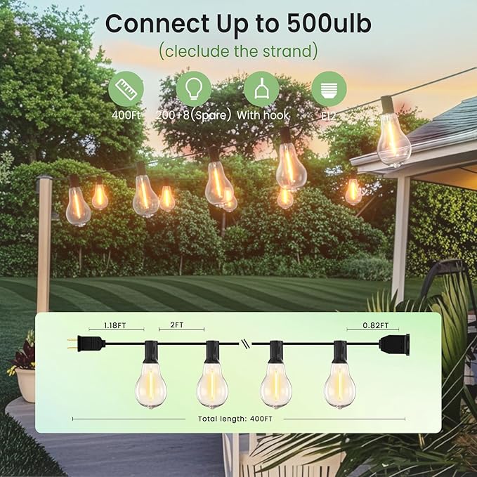 Outdoor String Lights 400FT(4x100) Patio Lights with 208 (8 Spare) Shatterproof Bulbs, String Lights for Outside Waterproof Hanging for Party,Wedding,Yard, Porch, Bistro, 2200K, Black Cord