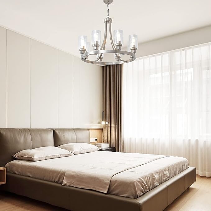 Modern Chandelier Brushed Nickel Finish 8 Lights, Dining Room Lighting Fixtures Hanging Industrial Pendant Lighting for Kitchen Island