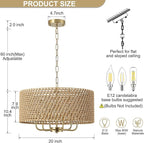 20" Large Boho Rattan Chandeliers for Dining Room, 6-Light Rattan Hand-Woven Drum Wicker Farmhouse Chandelier Large Vintage Chandelier Pendant Light Fixture for Kitchen Island Entryway(Gold)