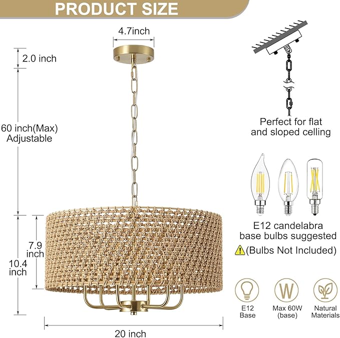 20" Large Boho Rattan Chandeliers for Dining Room, 6-Light Rattan Hand-Woven Drum Wicker Farmhouse Chandelier Large Vintage Chandelier Pendant Light Fixture for Kitchen Island Entryway(Gold)