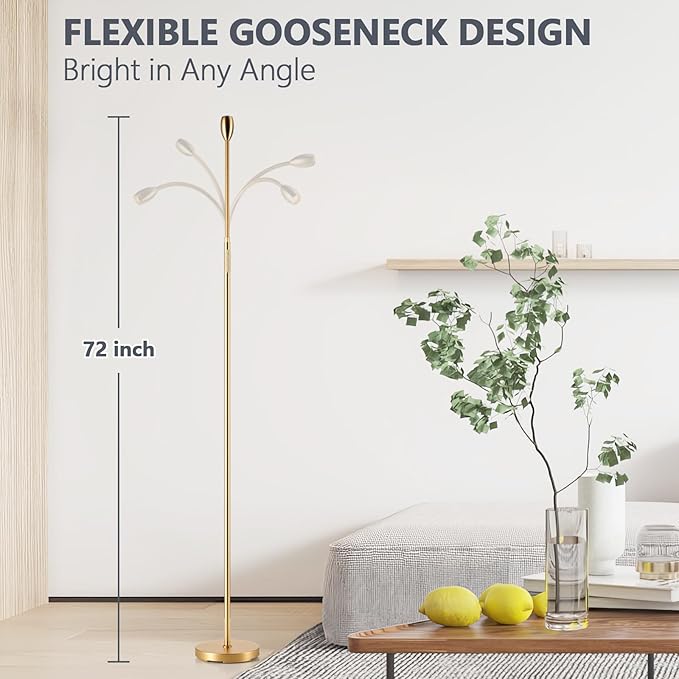 Reading Floor Lamp, 72" Tall LED Lamp with Flexible Gooseneck, Dimmable Zoomable Spotlight, Adjustable Color Beam Standing Lamp, Touch & Remote Control, Task Craft Bedroom Living Room (Antique Brass)