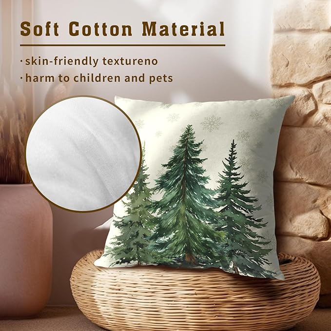 Green Christmas Tree Pillow Covers 16x16 in, Winter Nature Birch Forest Snowflake Throw Pillows Cover Farmhouse Decorative Pillow Case for Couch Bed Sofa Outdoor Patio Decor