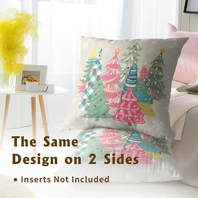 Xmas Trees Throw Pillow Covers 18x18 Inch – Pack of 2 Colorful Pink Green Winter Holiday Cotton Hidden Zipper Pillowcases for Couch Sofa Bed Porch Farmhouse Home Decor