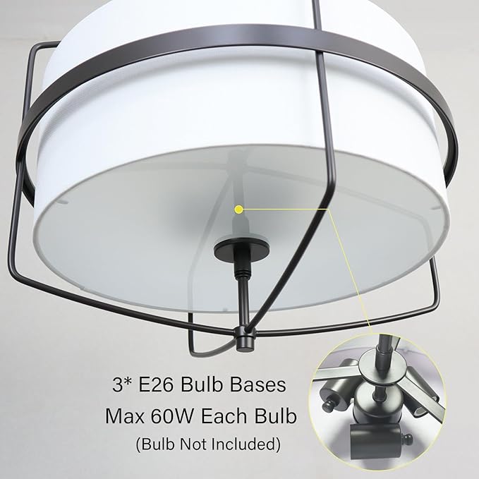 DAYCENT Modern Black Pendant Lights Kitchen Island 3-Light Drum Shade Pendant Light Fixtures 16" H Farmhouse Matte Black Pendant Light with Fabric Shade, Adjustable Height