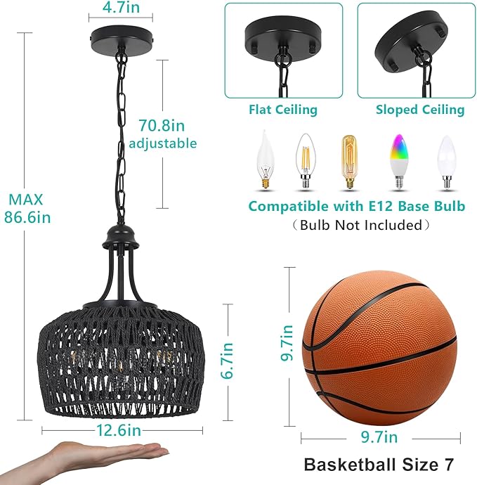 HMVPL Black Rattan Chandelier for Dining Room, 3-Light Boho Light Fixture with Woven Lampshade, Wicker Pendant Light Ceiling Hanging, Farmhouse Kitchen Chandelier for Bedroom Living Room Entryway