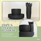 Wrova Wheat Straw Dinnerware Sets of 20,Alternative to Melamine dinnerware sets with Flatwares Dishwasher Safe,Lightweight and Unbreakable Camping Dishes for R.V.(Black)