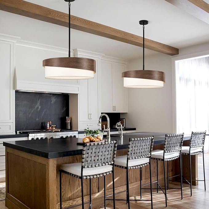21.5'' Farmhouse Chandeliers for Dining Room Light Fixtures 5-Light Wood Grain Finish Drum Chandelier with Fabric Shade Round Rustic Pendant Lighting for Foyer Bedroom Living Room Kitchen，E26