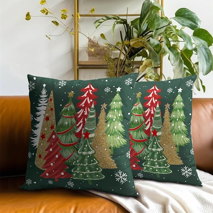 Christmas Green Throw Pillow Covers 16x16, Set of 2 Xmas Trees Snowflakes Decorative Pillow Cases Square Cushion Cover for Couch Sofa Bed Farmhouse Holiday Decoration