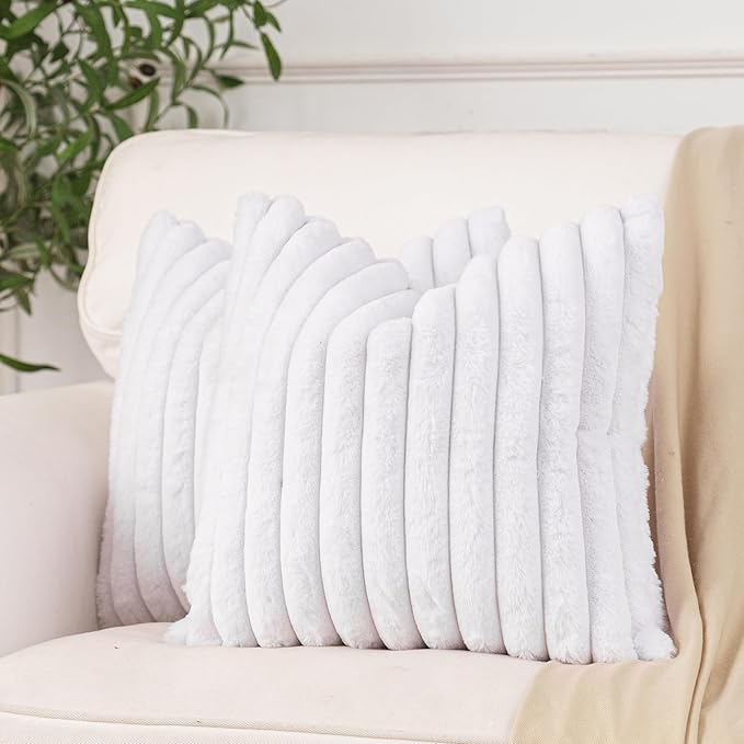 NiNi ALL Faux Fur Plush Throw Pillow Covers White 20x20 Inch Set of 2 Decorative Soft Plush Striped Couch Pillow Cover for Sofa Cushion Cases for Couch Bed Home Decor