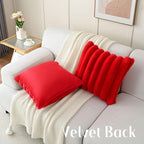 FUTEI Red Decorative Throw Pillow Covers 26x26 Inch Set of 2, Square Soft Faux Rabbit Fur Big Striped Pillow Sham,Home Decor for Couch Sofa Bed Living Room