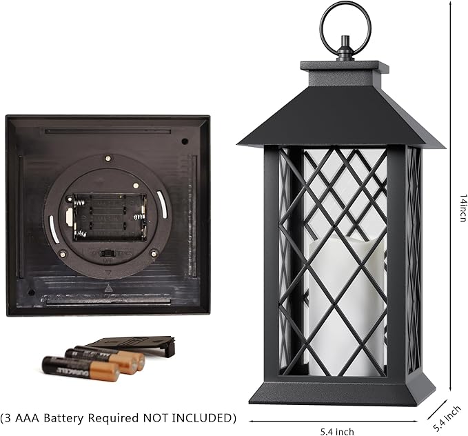 Christmas Lanterns Decorative Indoor, 2 Packs 14" Battery-Powered Waterproof Black LED Candle Lanterns with Timer for Patio & Outdoor, Vintage Hanging Lantern for Xmas Home Decorations, Diamond