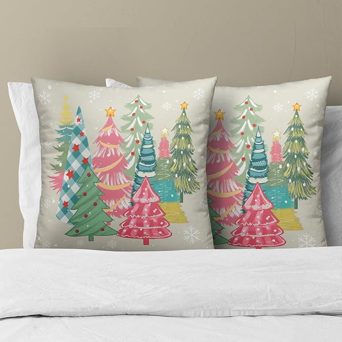 Christmas Tree Throw Pillow Covers Set of 2, 20x20 Inch Colorful Pink Green Winter Holiday Square Pillowcases for Living Room Bedroom Sofa Couch Patio Outdoor Home Decor