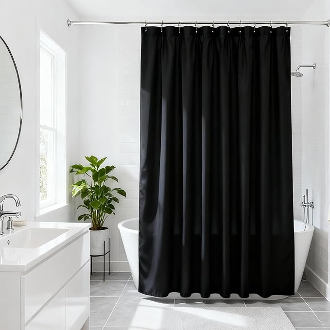 Linen Shower Curtain with 10 Hooks Modern Heavy Duty Washable Fabric Curtain Set Waterproof Thick Cloth Shower Curtains for Bathroom Bathtub Washable, W60*L70, Black