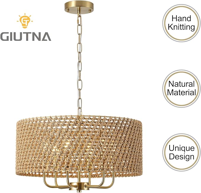 20" Large Boho Rattan Chandeliers for Dining Room, 6-Light Rattan Hand-Woven Drum Wicker Farmhouse Chandelier Large Vintage Chandelier Pendant Light Fixture for Kitchen Island Entryway(Gold)