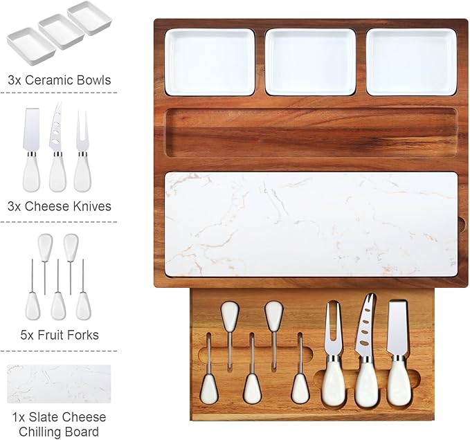 Charcuterie Board Set - EUMUU Premium Large Acacia Wood Cheese Platter with Reusable Bowls, Cheese Knives and Forks - Housewarming, Wedding, Bridal Shower, Birthday Gifts
