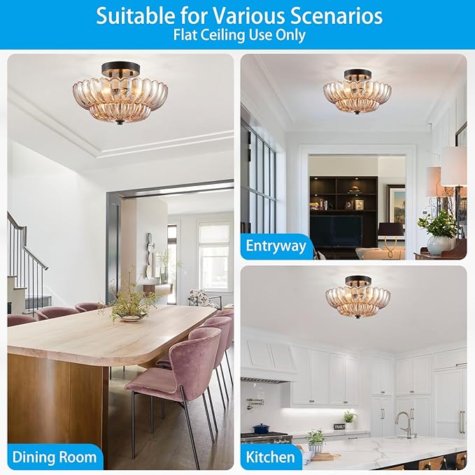 XINGQI Modern Black Semi Flush Mount Ceiling 3-Light 11.8“ Amber Glass Close to Ceiling Light Fixtures for Bedroom Living Room Entryway Hallway