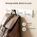 White Wall Mounted Coat Rack - 2 Modular Rails (25'' Total), 8 Right-Angle Hooks, Modern Organizer for Entryway, Bathroom, Bedroom, Holds Coats, Towels, Hats