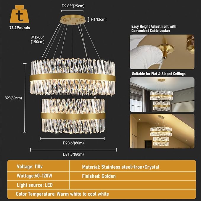 Modern Crystal Chandeliers, Double Tier 32"+24" Large High Ceiling Chandelier. Elegant Crystal Chandelier Hangs from The Ceiling of The Living Room, Stairwell, and Foyer.