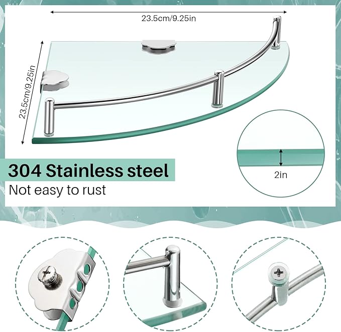 Crowye 2 Pcs Corner Shower Shelf 2-tier Glass Corner Shelf Stainless Steel Wall Mounted Bathroom Organizer for Storing Shower Gel Shampoo Brush, 9.25 Inches