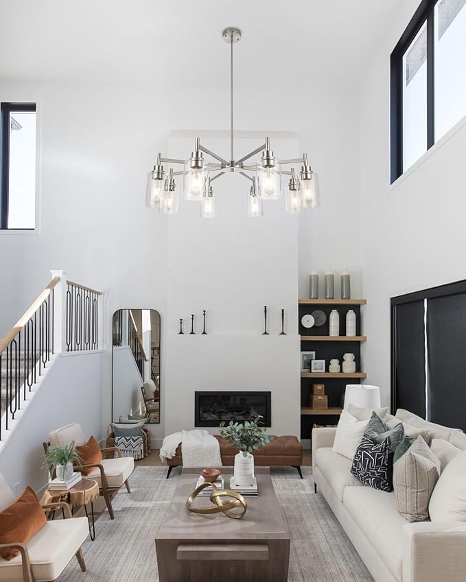 Brushed Nickel Chandeliers for Dining Room, Farmhouse Chandeliers Light Fixture with Clear Glass Shades 8 Light Dining Room Light Fixtures Pendant Lights for Kitchen Island Living Room
