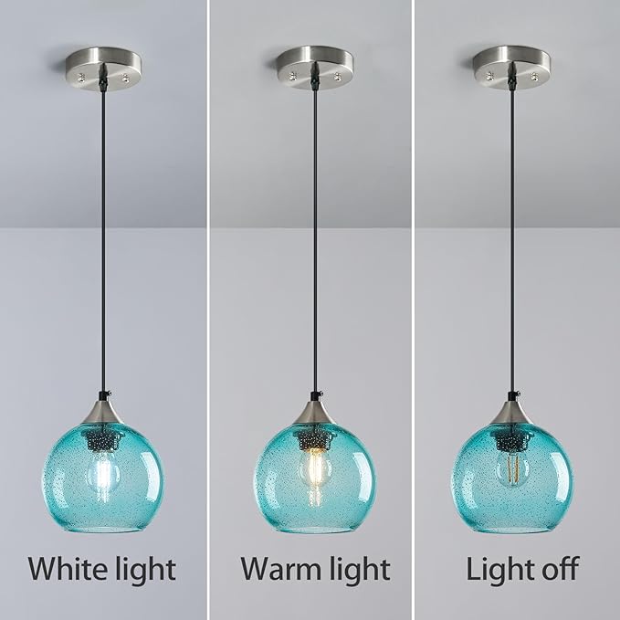Light Blue Glass Pendant Lights Kitchen Island Globe Pendant Light Fixtures Modern Pendant Lighting for Bedroom Living Dining Room Light Fixture (5.9 in, 1 Pack)
