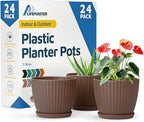 Brown 6-Inch Plant Pots with Drainage & Saucers 24 Pack, Indoor & Outdoor Planters for Houseplants, Herbs, and Flowers, Durable & Weatherproof Material, Stackable, Lightweight, Minimalist Design