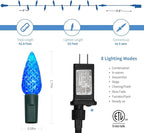 WATERGLIDE C6 Christmas Lights, 33ft 100 LED Faceted String Lights Green Wire Fairy Lights with 29V Safe Adaptor, 8 Lighting Mode, Waterproof for Indoor Outdoor Patio Xmas Tree Party Decor, Blue