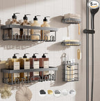 Veken Adhesive Shower Caddy 5-Pack,Heavy Weight Bearing,Large Wall Mounted Shower Shelves Rack,Organizer Storage Accessories with Soap Dish&Toothbrush Holder,Ideal for Bathroom,Home&Kitchen,Light Grey