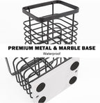 HarJue Toothbrush Holder, Luxurious Metal Toothbrush Toothpaste Holder with Marble Base for Bathroom, Multi-Slots Openwork Design, Bathroom Accessory for Storage and Organizer (Small, Matte Black)