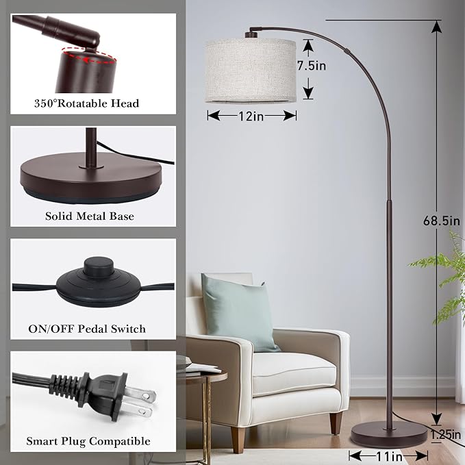 Floor Lamp for Living Room，Arc Floor Lamp with Adjustable Lamp Head Tall Pole Standing Lamp with On/Off Pedal Switch Over Couch Arched Reading Light for Bedroom Study Room 8W LED Bulb Included （Brown）