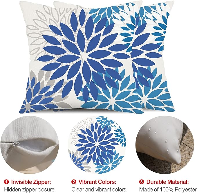 DFXSZ Blue Flower Pillow Covers 20x20 Inch Set of 2 Dark and Light Blue Colored Pillow Farmhouse Outdoor Waterproof Decor for Patio Funiture Garden Summer Floral Square Polyester Pillow Covers 002E20