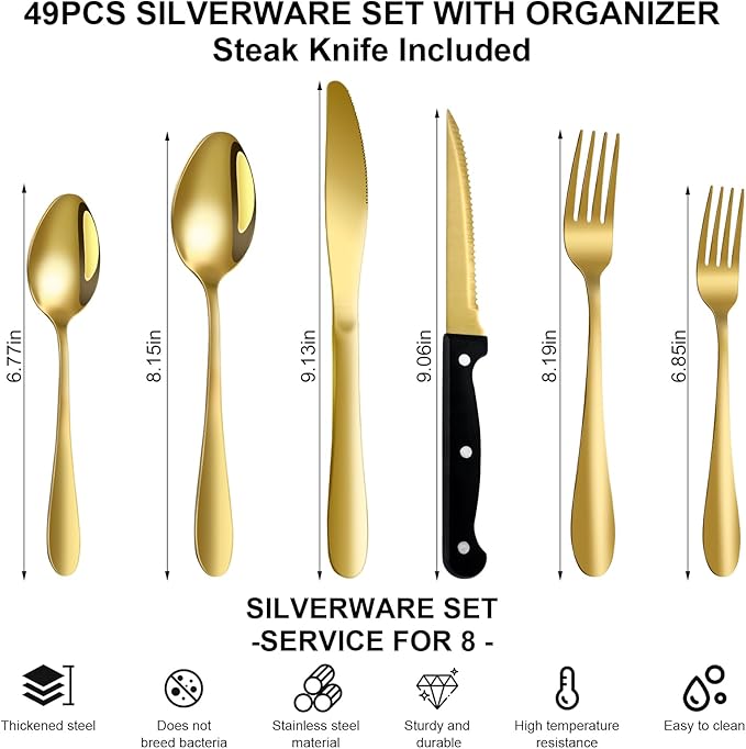 49Pcs Silverware Set with Organizer, Silver Stainless Steel Flatware Set for 8 Cutlery Utensil Sets with Steak Knives, Spoons and Forks Set, Dishwasher Safe