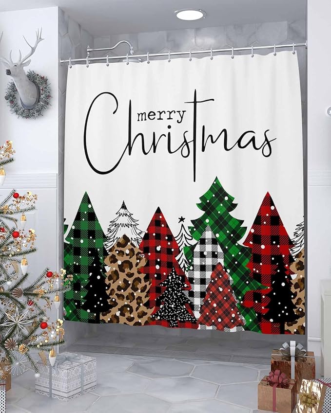 Merry Christmas Shower Curtain, Buffalo Plaid Xmas Tree Winter Forest Farmhouse Shower Curtains Set with Hooks, Red Green Waterproof Fabric Bathroom Curtains Decor Accessories,72 X 84 Inch Extra Long